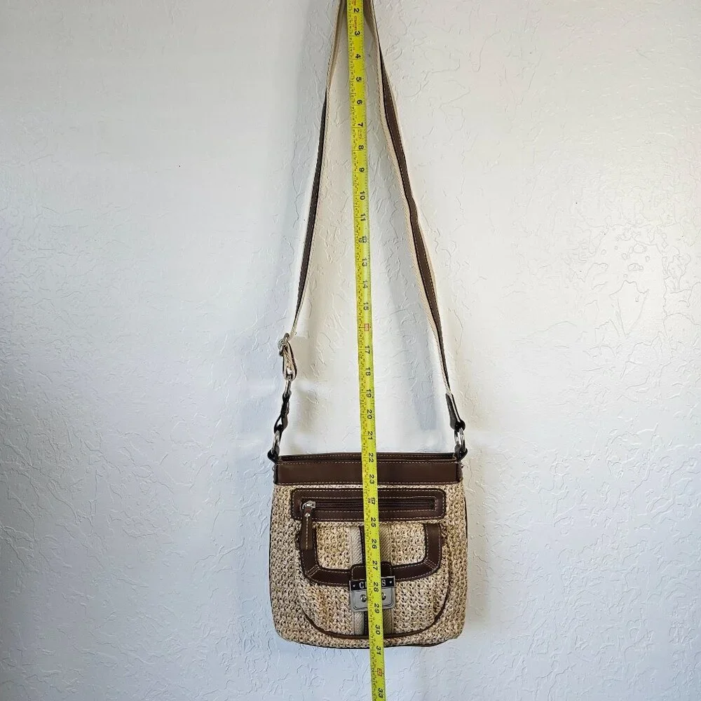 Chaps Straw & Faux Leather Crossbody Bag satchel purse Boho Cottage core Hippie - Picture 8 of 16